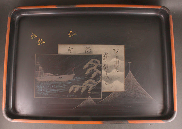 Very Rare Antique Japanese Torpedo Academy Navy Lacquer Tray