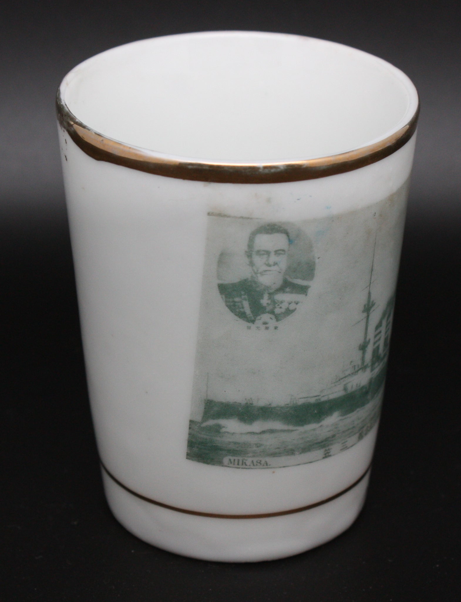 Very Rare Antique Japanese Photo Transfer Battleship Mikasa Victory Navy Sake Cup