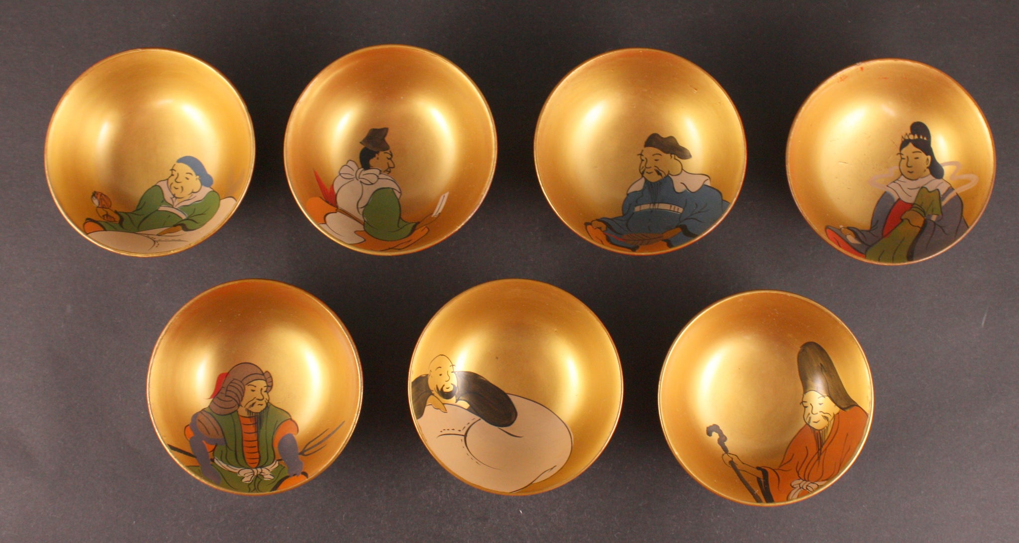 Rare Antique Japanese Military China Incident Seven Lucky Gods Jeju Island Lacquer Sake Cup Set