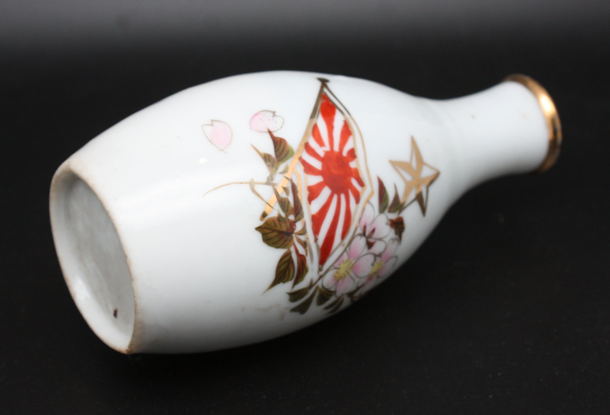Antique Japanese Military Blossom Flag Leaving the Service Army Sake Bottle