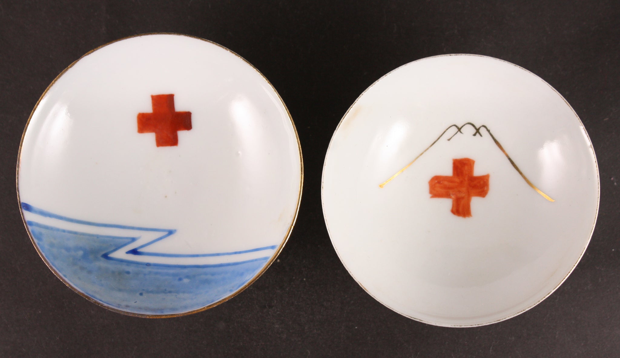 Antique Japanese Red Cross Association Mount Fuji Ocean Pair Sake Cups
