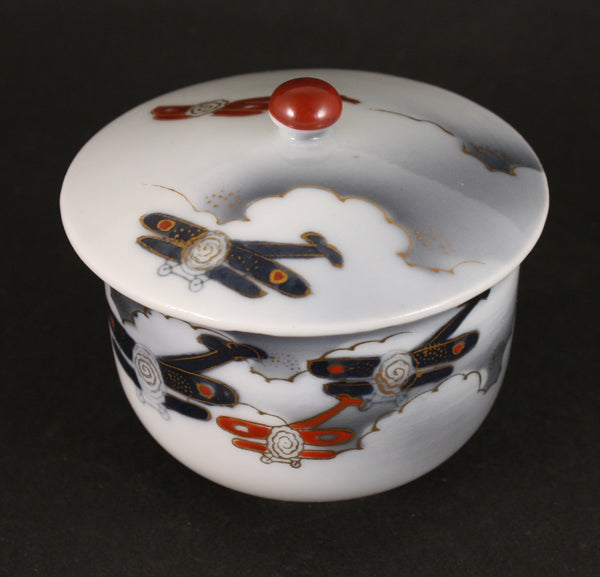 Antique Japanese Military Biplanes Arita Ware Lidded Army Tea Cup