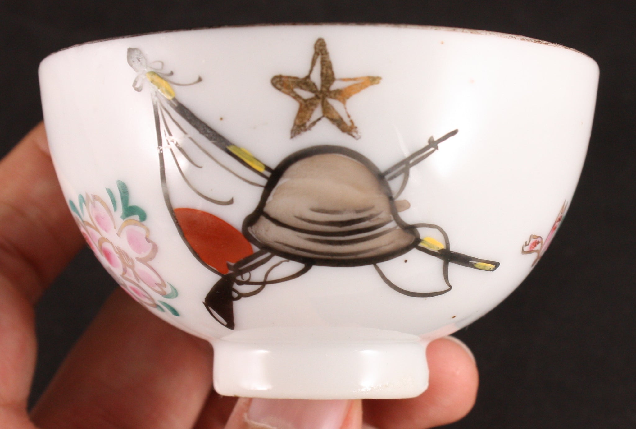 Antique Japanese Military Helmet Rifle Blossom Tea Cup