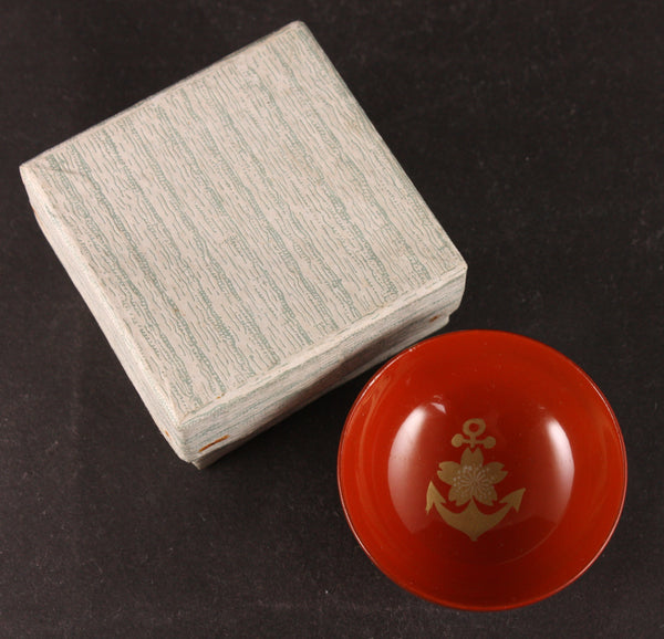 Antique Japanese Military Anchor Blossom Lacquer Boxed Navy Sake Cup
