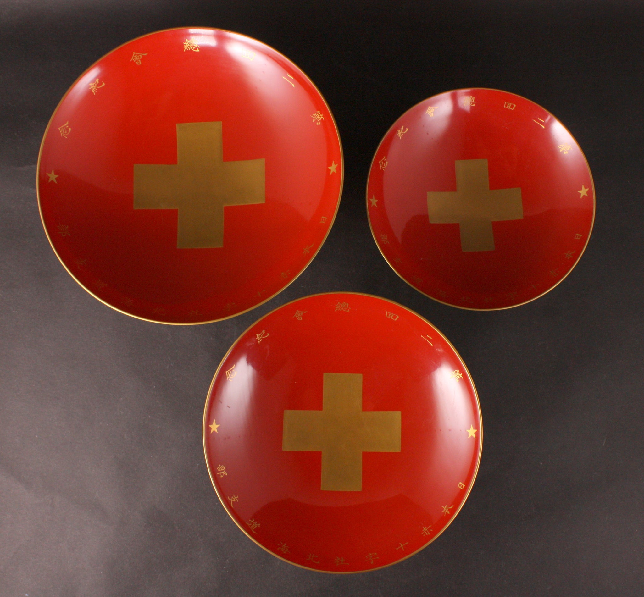 Set of 3 Antique Japanese 1906 Hokkaido Red Cross Association Lacquer Sake Cup