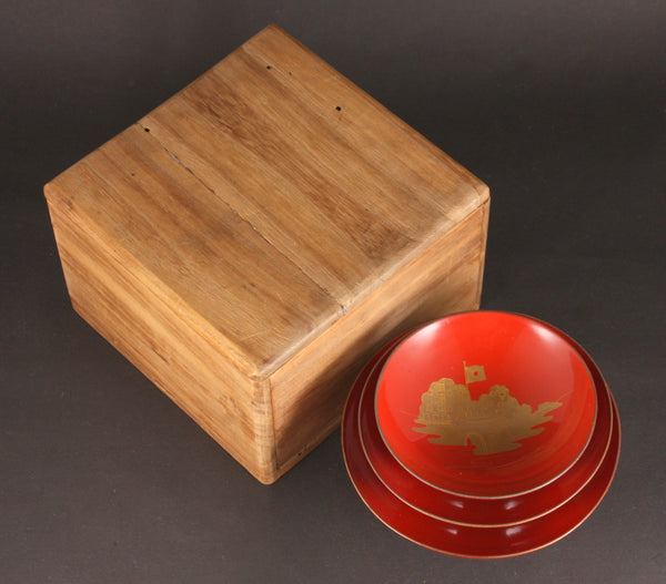 Very Rare Antique Japanese Military 1900 Boxer Rebellion Damaged Chaoyang Gate Lacquer Sake Cups