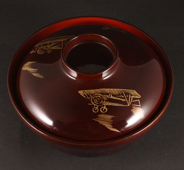 Rare Antique Japanese Military Biplane Army Air Corps Lacquer Lidded Rice Bowl
