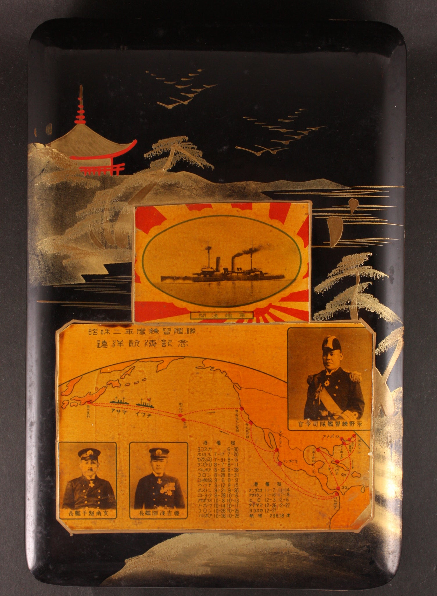 Very Rare Antique Japanese Military 1927 Cruiser Asama North America Tour Commemoration Lacquer Box