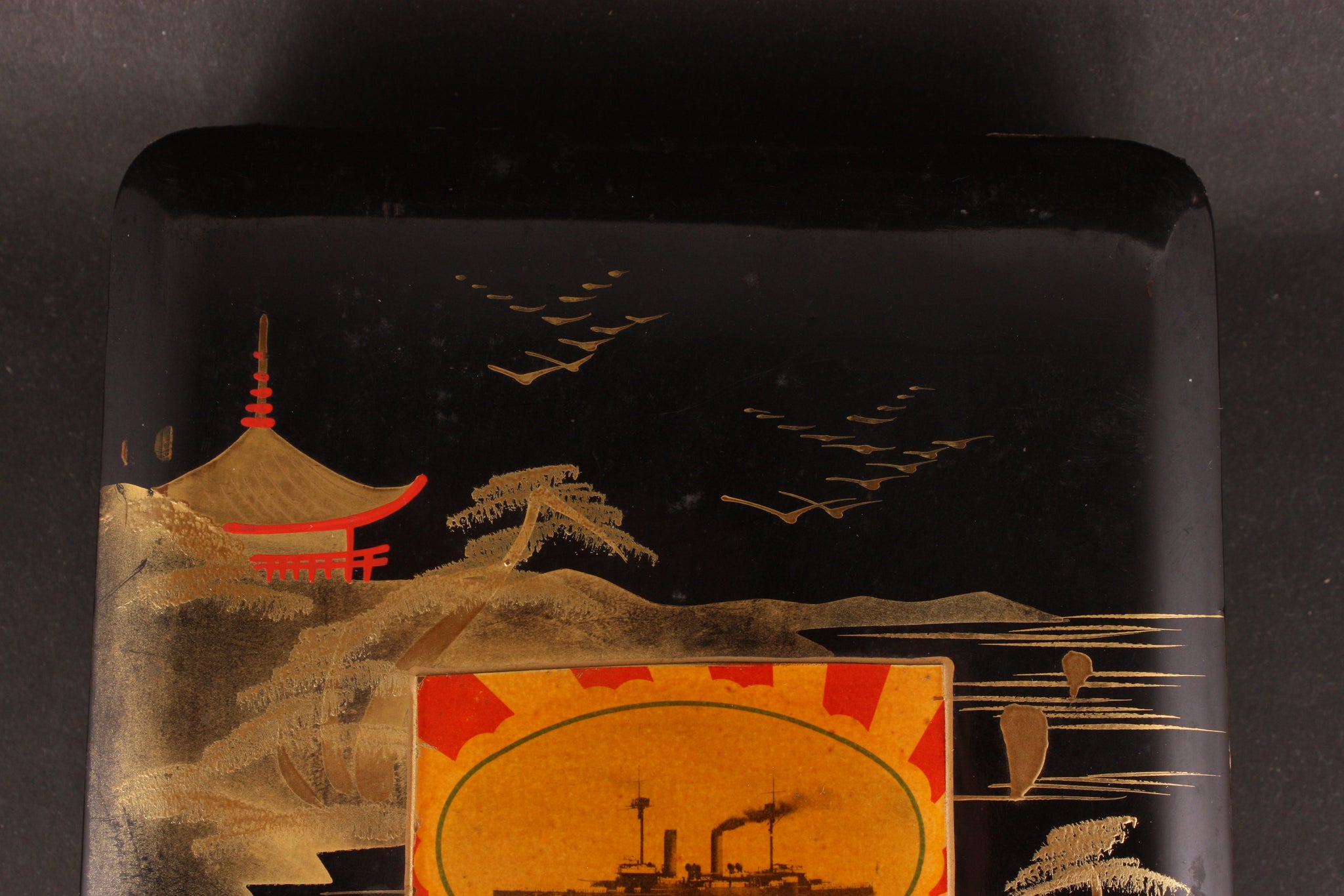 Very Rare Antique Japanese Military 1927 Cruiser Asama North America Tour Commemoration Lacquer Box